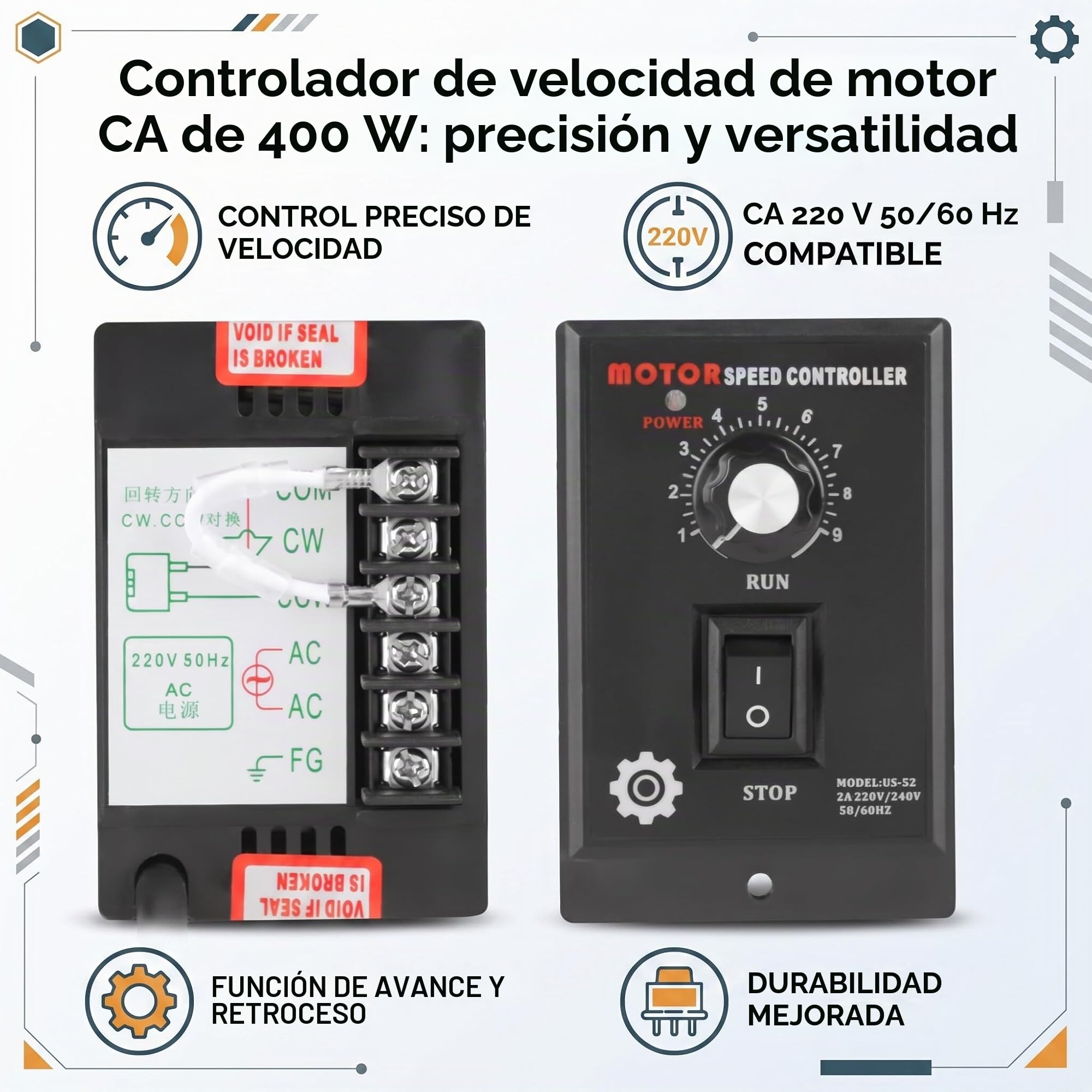 Controlador de Velocidad del Motor de 400W CA 220V Regulador PWM de Precisión Controlador de Avance y Retroceso del Motor Control de Velocidad Variable