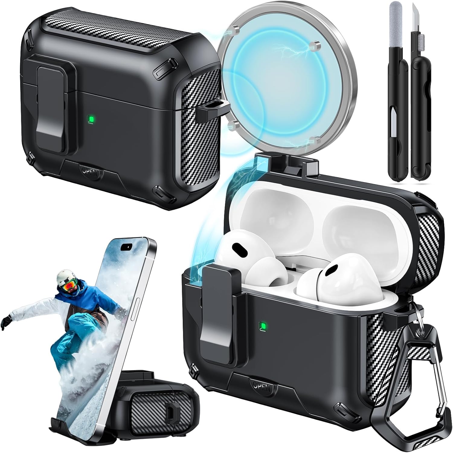 Product image of for AirPods Pro 2 Case (2023/2022/2019) with Phone Stand,（with Automatic Snap Switch） Carbon Fiber Design Protection Cover for Airpods Pro 2nd/1st Gen with Cleaning Pen - Balck