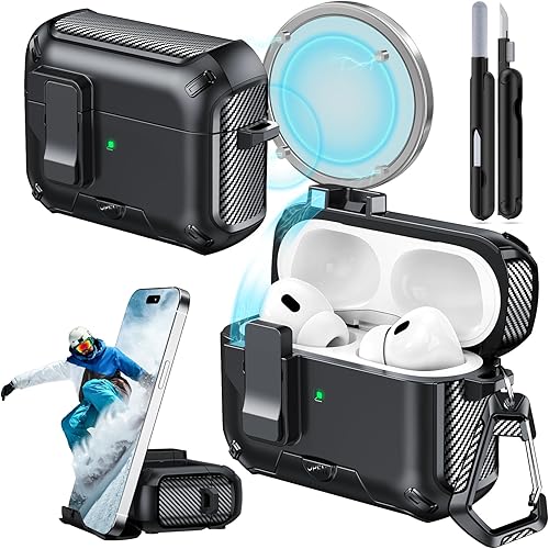 for AirPods Pro 2 Case (2023/2022/2019) with Phone Stand,（with Automatic Snap Switch） Carbon Fiber Design Protection Cover for Airpods Pro 2nd/1st Gen with Cleaning Pen - Balck