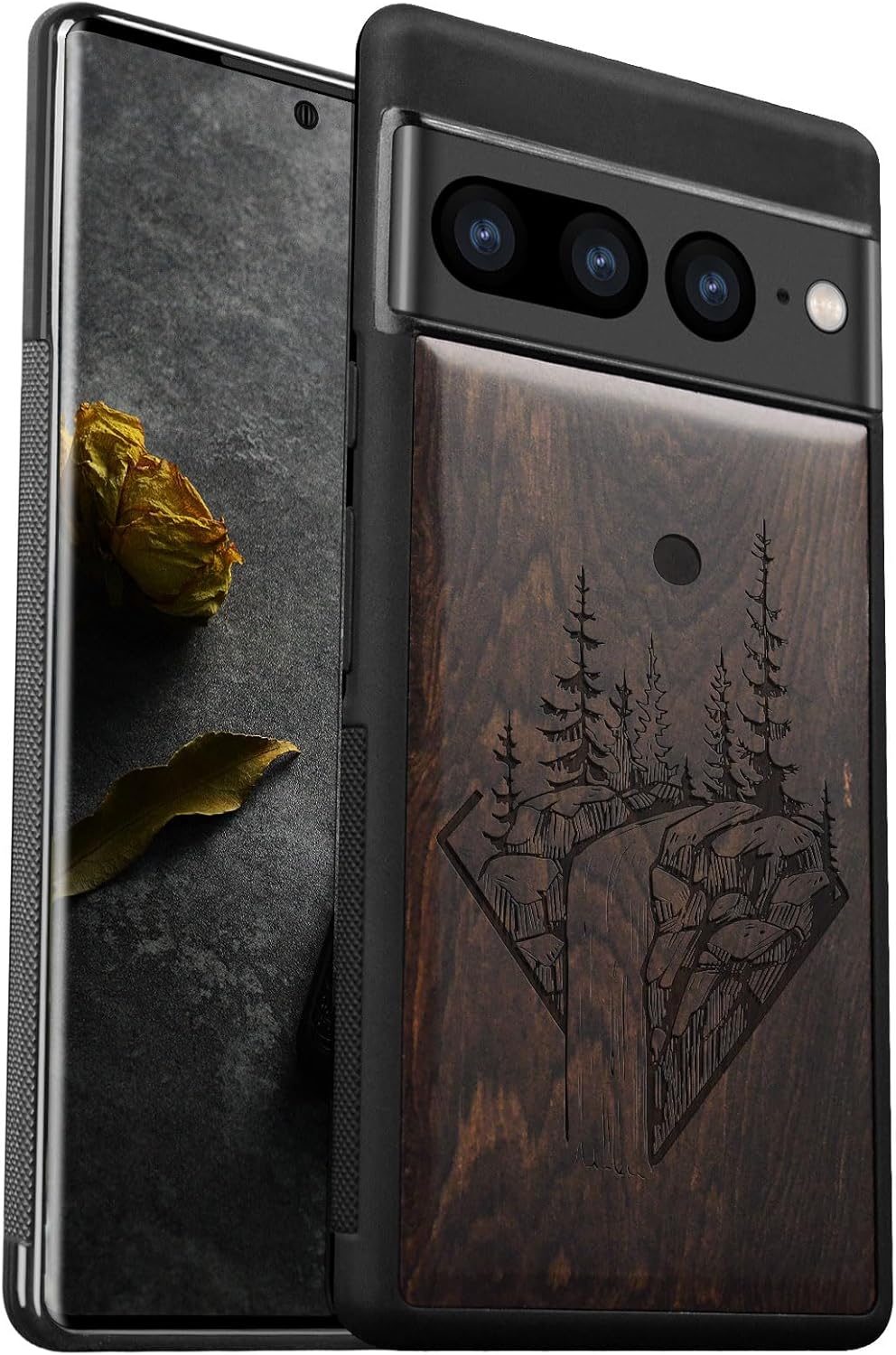 Carveit Wood Case for Pixel 7 Pro Case [Natural Wood & Black Soft TPU] Shockproof Protective Unique Wooden Cover Compatible with Google Pixel 7 Pro (Mysterious Yinyang-Rosy)