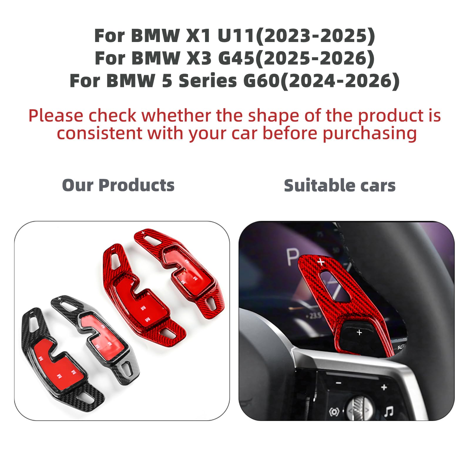 KUNGKIC für BMW X1 U11 2023-2025 X3 G45 2025-2026 5er G60 2024-2026 Hartkohlefaser Auto Lenkrad Schaltwippe DSG-Verlängerung Innenraum Zubehör 2 Stück (Rot)