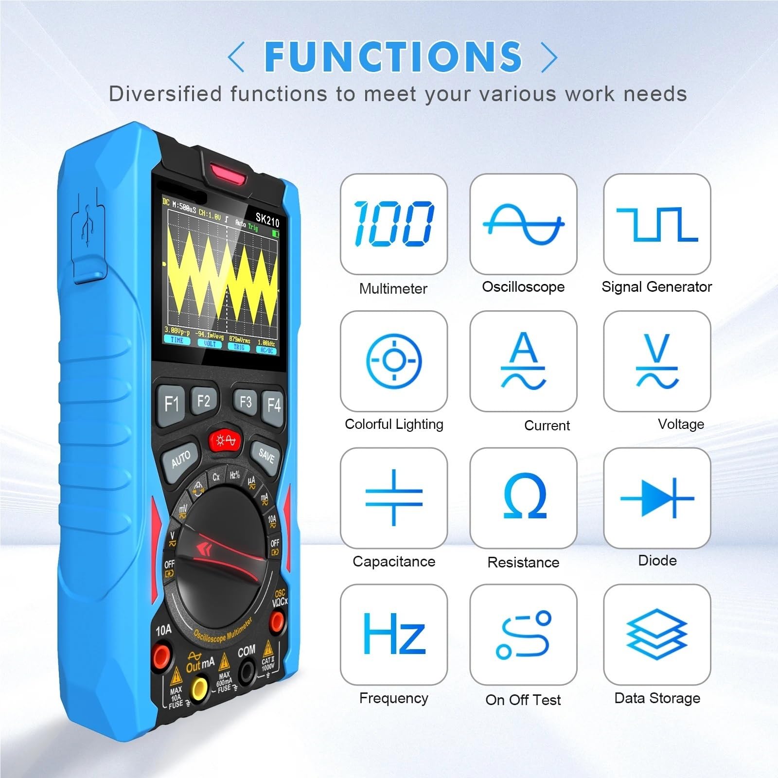 Oszilloskop-Multimeter SK210 Handheld 3-in-1 Digitaloszilloskop Hochleistungs-tragbarer Multimeter-Signalgenerator Autoreparaturtester,zur Messung