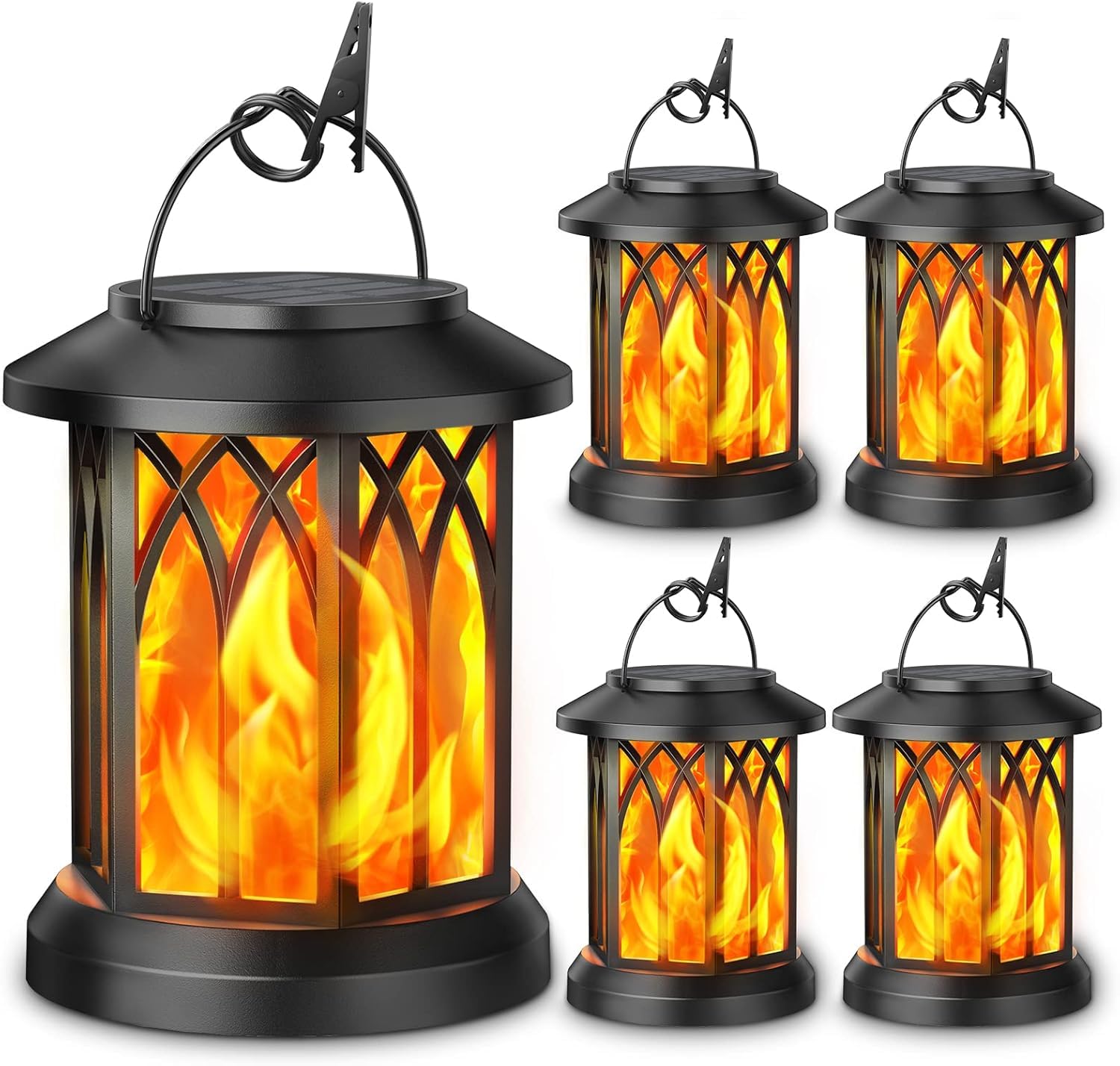 KOOPER Solar Garden Lights Outdoor, 4 Pack Hanging Lanterns with Realistic Flickering Flame LED