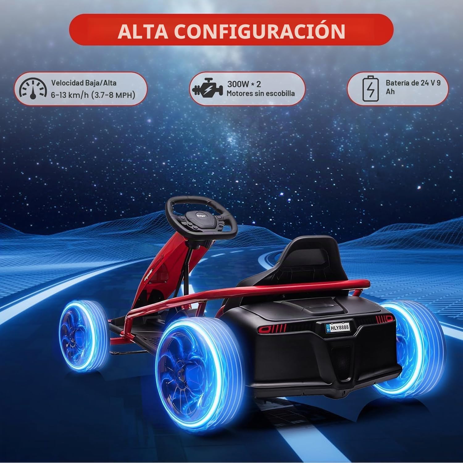Kart de drift de alto rendimiento para niños de 8 a 12 años – 24 V, 2 motores de 300 W, 8 km/h, función musical, arranque suave, cinturón de seguridad, vehículo eléctrico para exteriores, regalo ideal