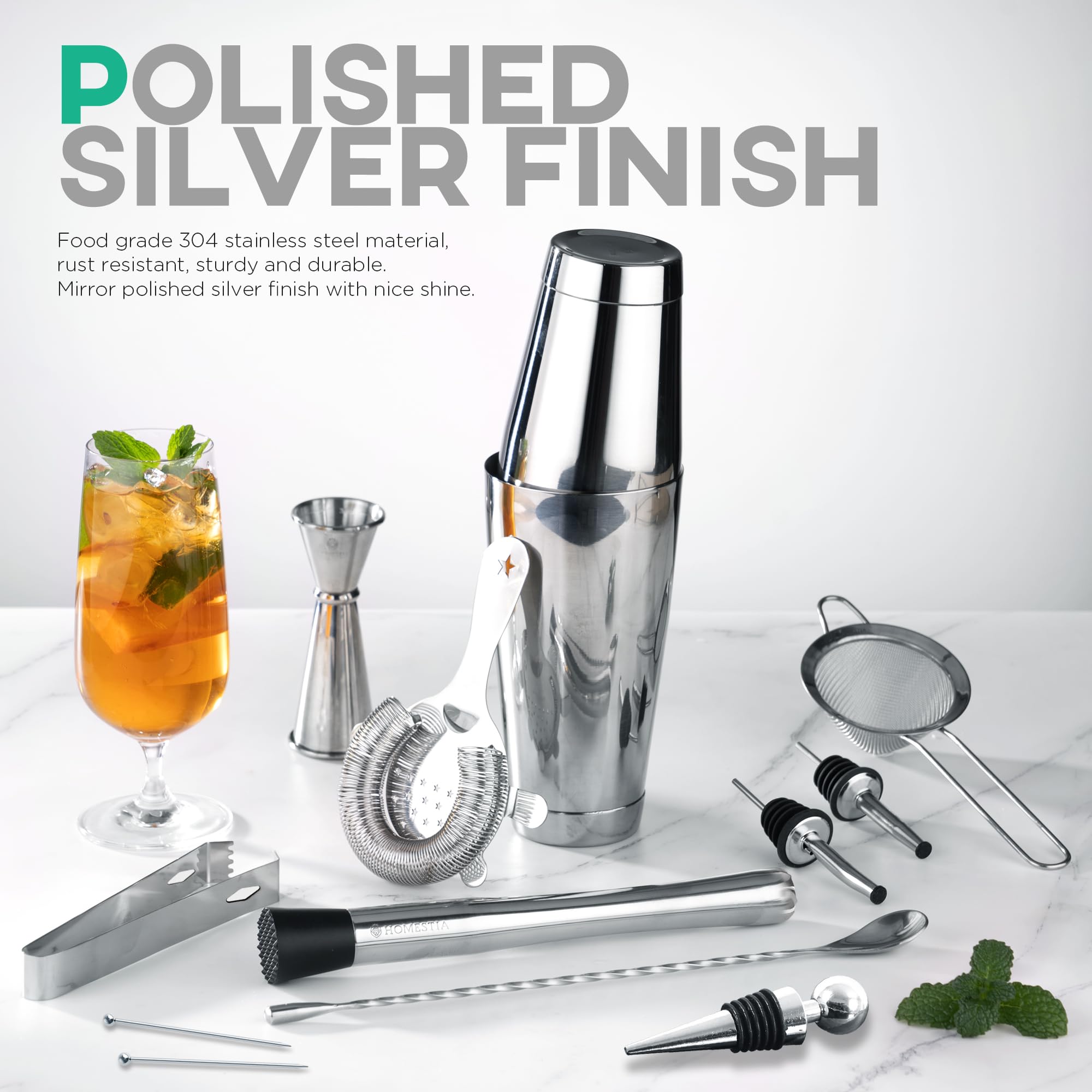 Homestia Set di 9 pezzi Boston Shaker in acciaio inossidabile Accessori per carrelli: Shaker Boston Shaker, Jigger, cucchiaio da bar... Shakers per bevande alcoliche