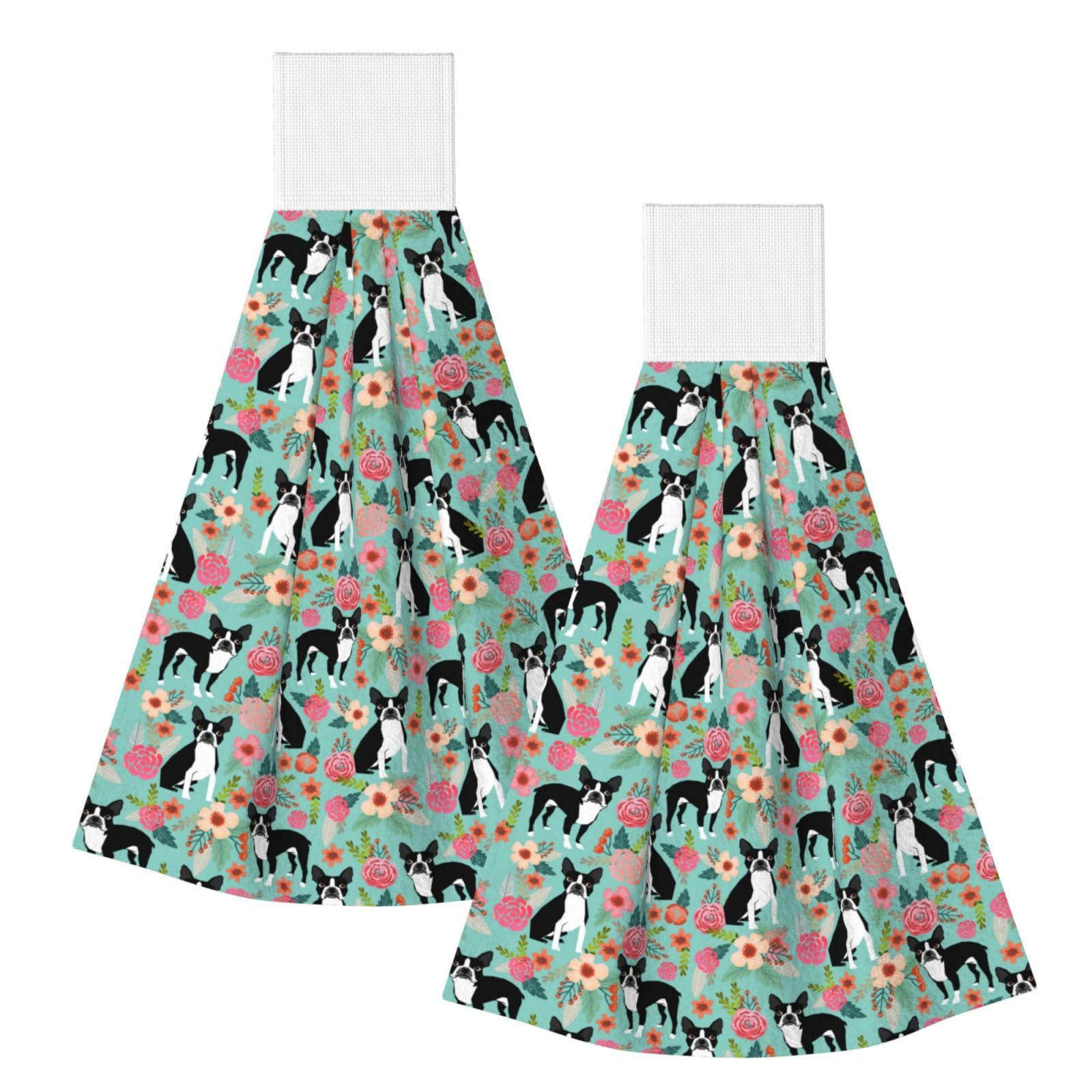 DOPKLNA Boston Terrier With Flowers, 2 Pcs Hanging Coral Fiber Hand Towels for Bathroom, Absorbent Kitchen Towels
