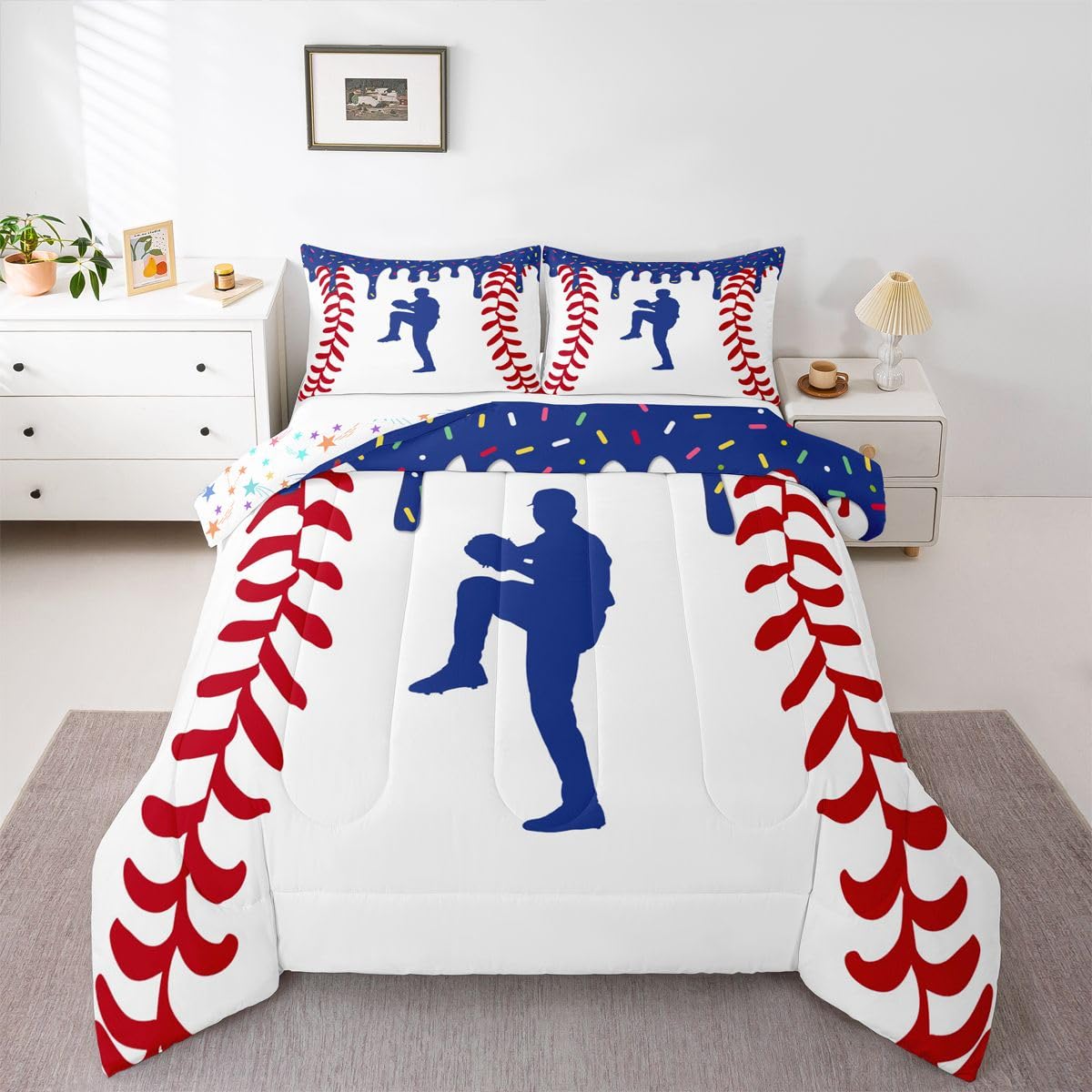 Edredón de béisbol y helado King Homewish azul oscuro con diseño de atletas para cama grande