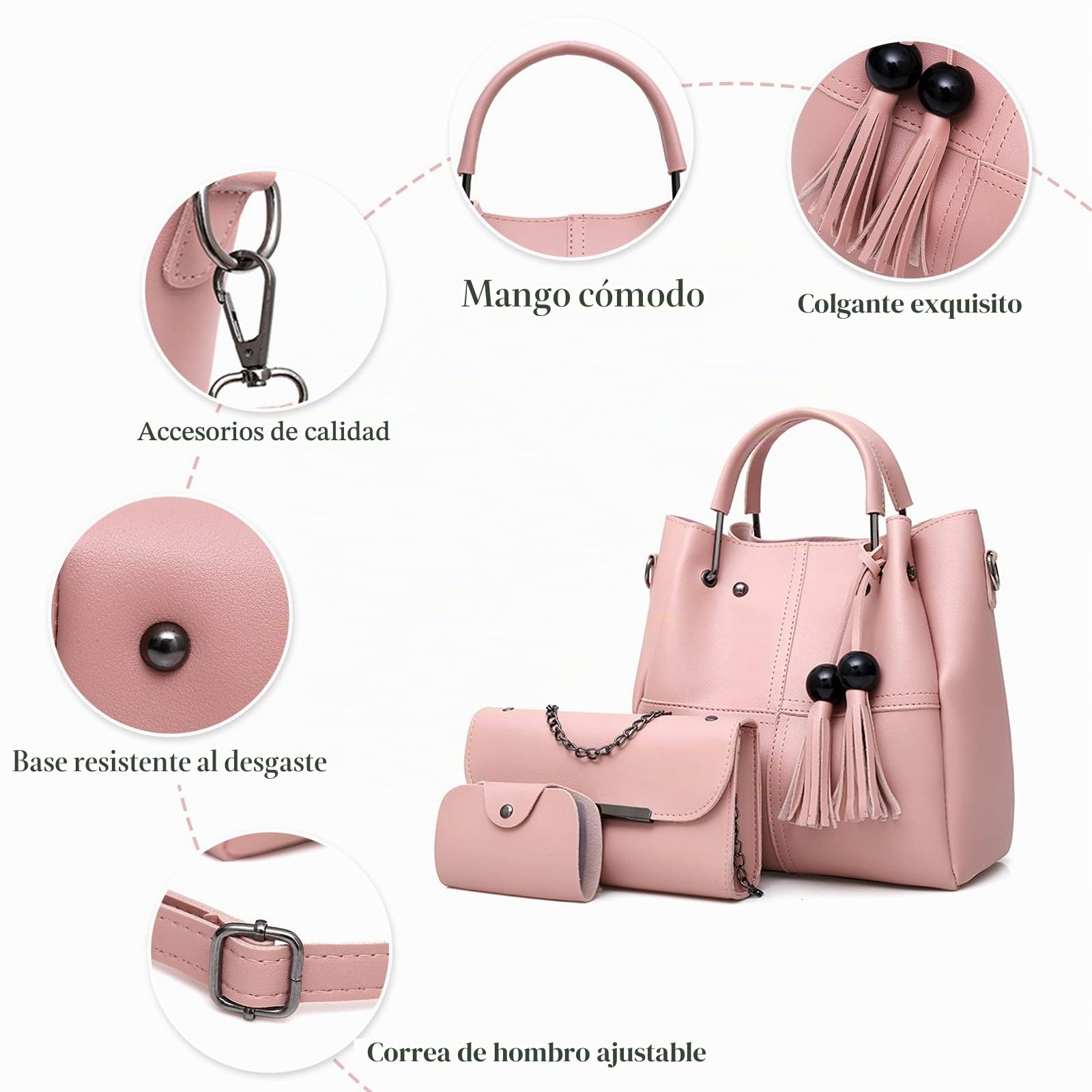 FANDARE Moda Bandolera de Cubo 3pcs Set Bolsos Totes para Mujer Impermeable Shoppers y Bolsos de Hombro Bolsos con Flecos Bolso PU Cuero Bolso Bandolera con Cadena para Viajes Compras Trabajo Rojo