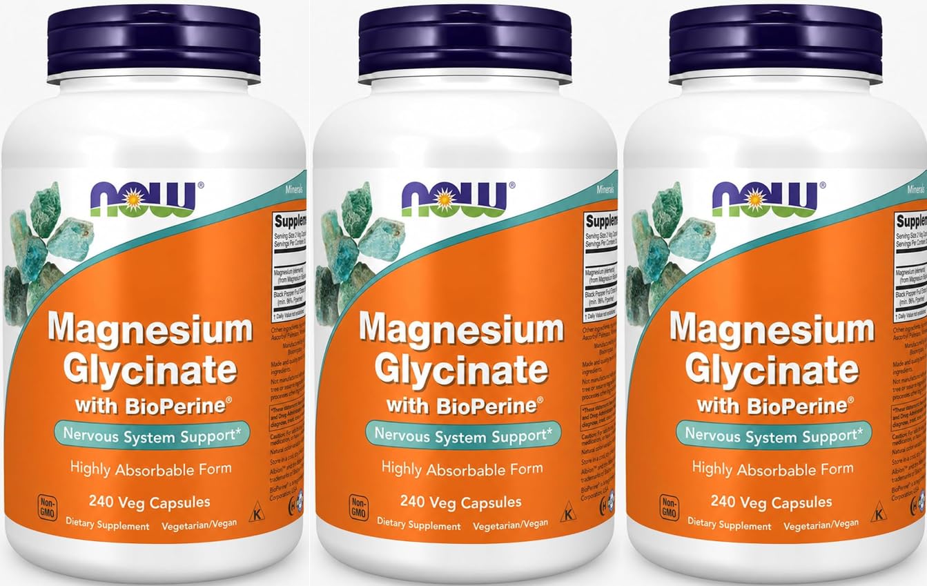 Now Supplements, Magnesium Glycinate with BioPerine, 240 Veg Capsules (Pack of 3) 240 Count (Pack of 3)
