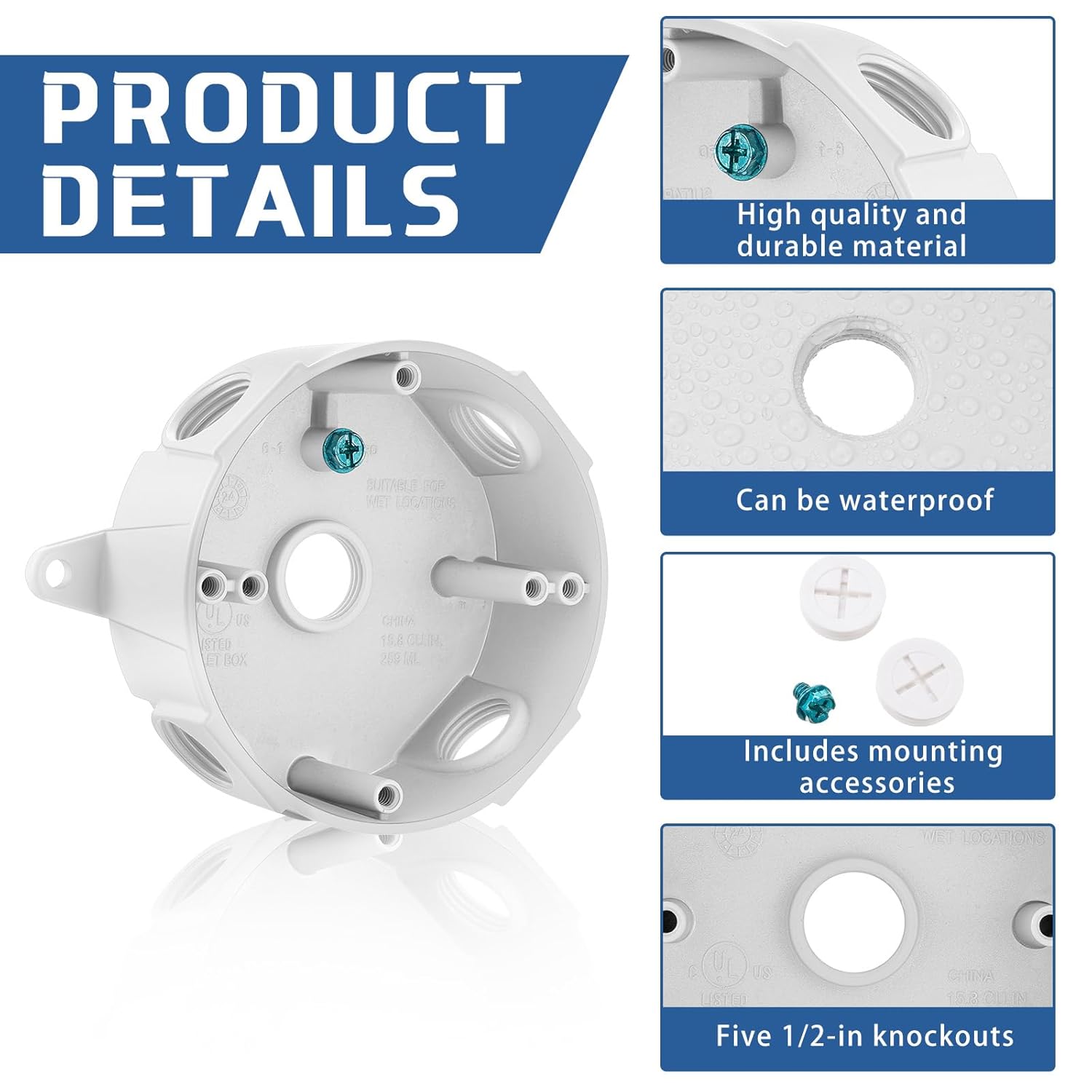 Juexica 4 Pcs 4 Inch Round Electrical Box 1/2 Inch 5 Holes Weatherproof Outlet Junction Ceiling Fan Box for Outdoor Lighting Systems, UL Listed(White)