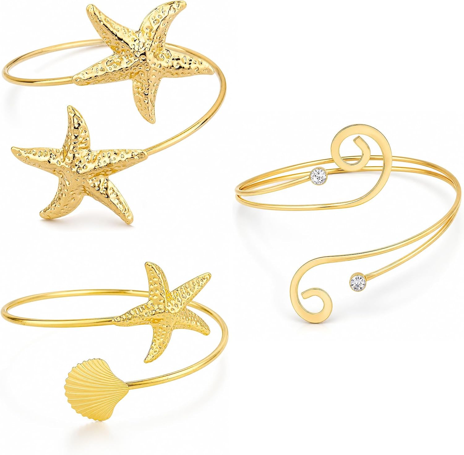 Mikovivi 3pcs Gold Boho Arm Cuff Jewelry Set for Women, Adjustable Open Upper Arm Bangle Bracelet with Starfish Shell & Spiral Design Beach Armlet for Summer Vacation
