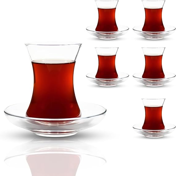 ums Turkish Tea Glass Set - Slim Waist Design and Thick Sole Prevent the Tea From Getting Cold, 6 Saucers 6 Glasses, Coffee Glasses, Useful Tea Set, Set of 12