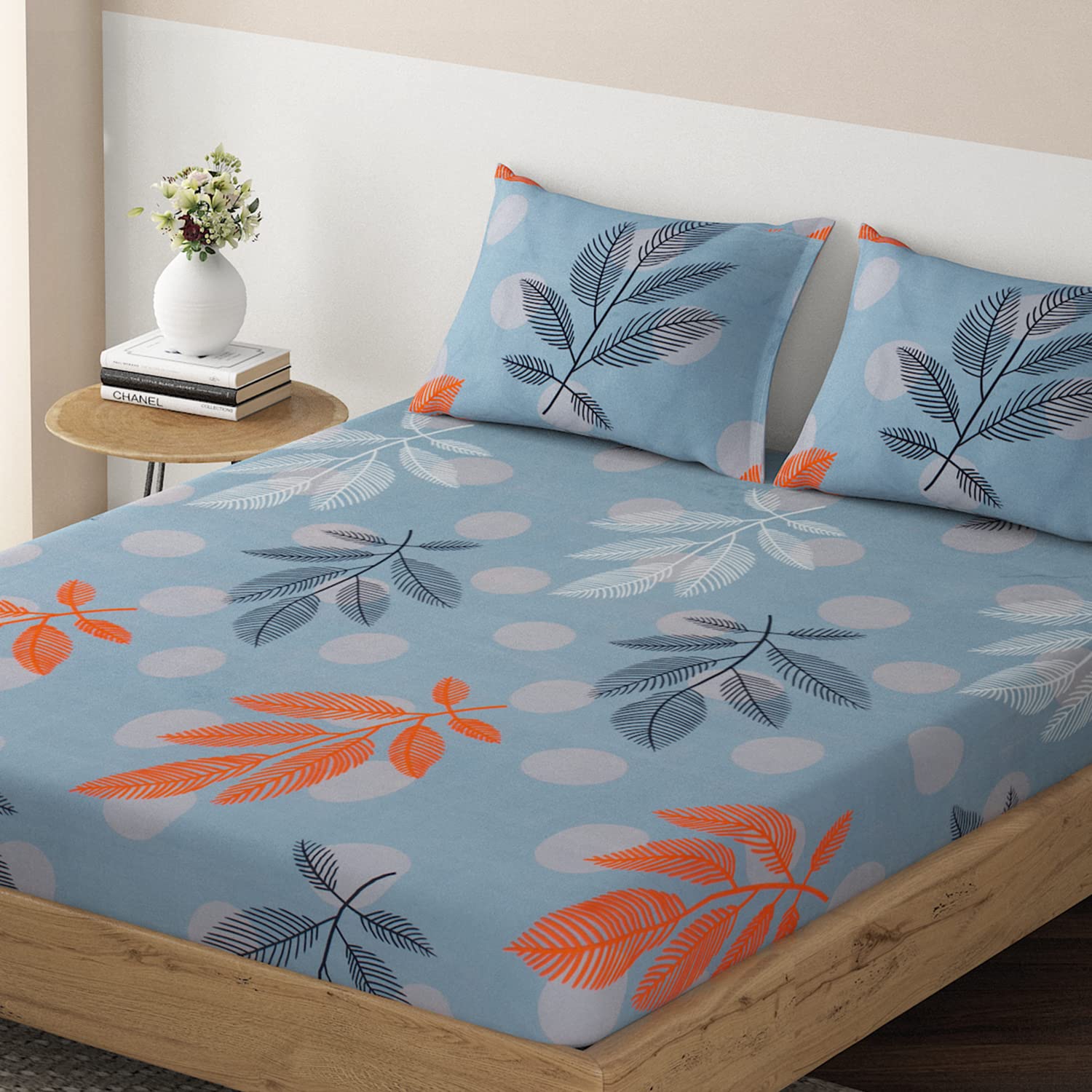 HOKIPO Brushed Microfiber 135 GSM Elastic Fitted Bedsheets Double Bed Size, 72x72 inches with 2 Pillow Cover, Leaves Blissful Blue (IN-690-D2) (B0CBMYDT3X) Amazon Price History, Amazon Price Tracker