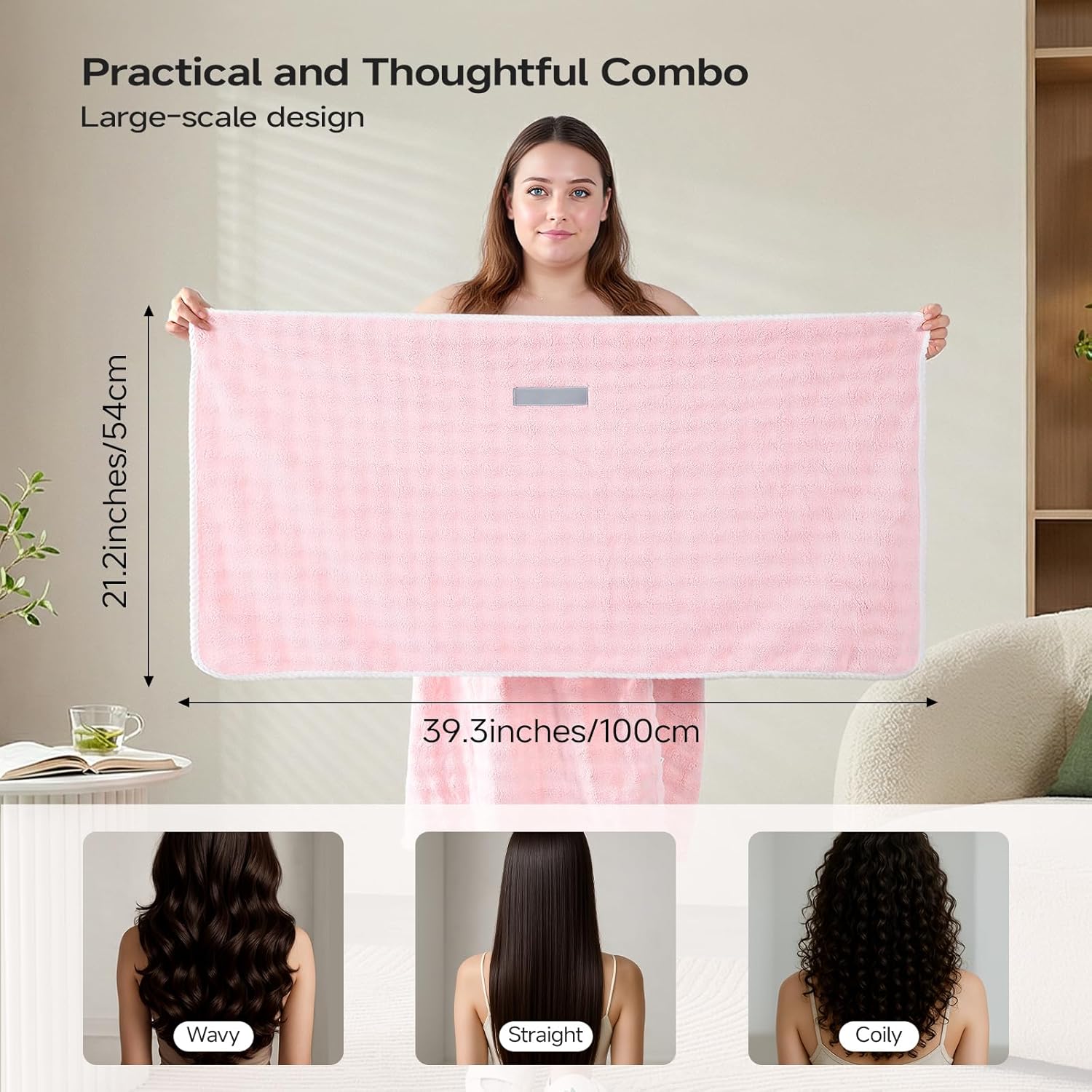 REDKISS Pink Towel Wrap for Women, XL Spa Shower Wrap with Hair Towel, Super Absorbent Bath Towels Robe for Body, Adjustable Microfiber Plush Bathrobe for Girls, Warmth Velcro Plus Size Wraps Towels - Image 4