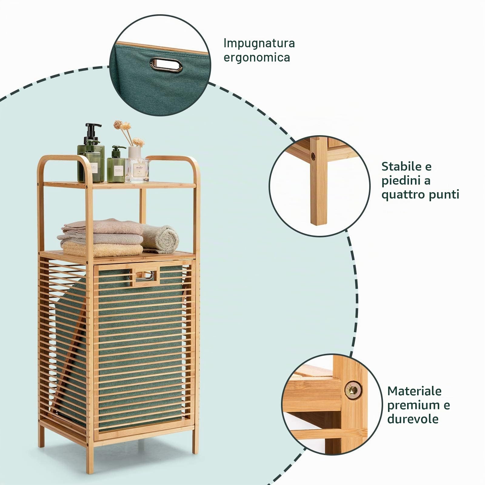 GIANTEX Cesto Portabiancheria a Ripiani in Bambù Salvaspazio | Mobile Portabiancheria con Mensola per Bagno, 40,5x33x95,5cm, Naturale