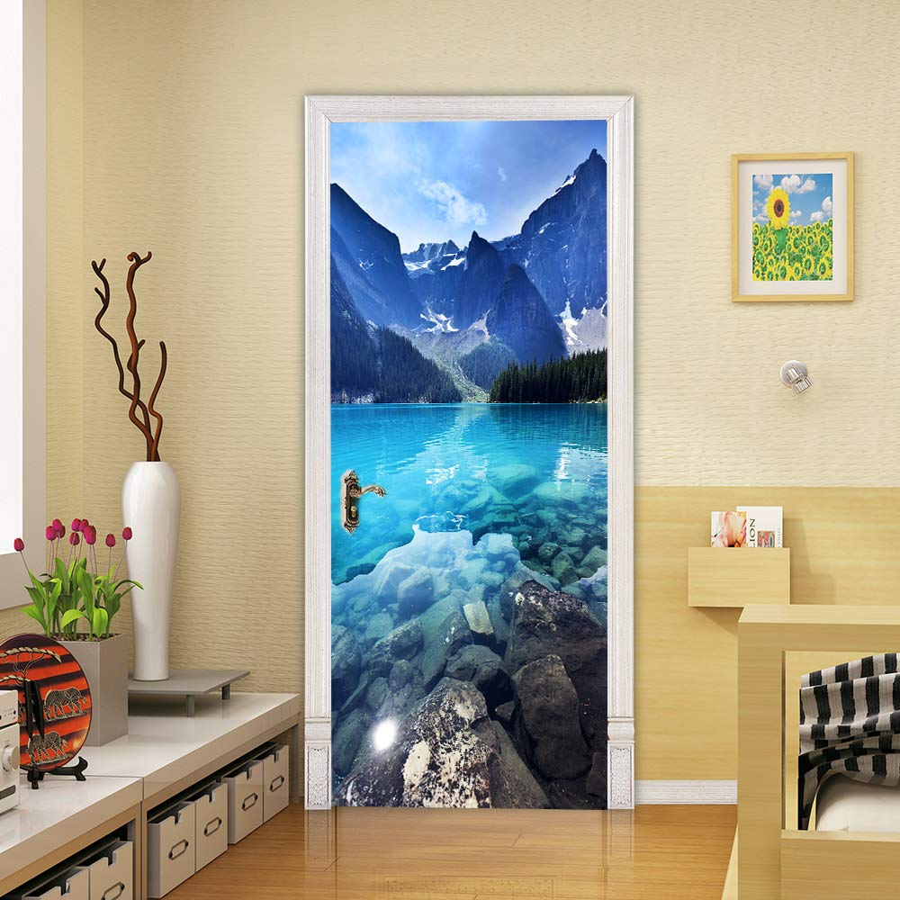 Sticker de porte trompe l'oeil paysage bleu intérieure papier peint 88x200