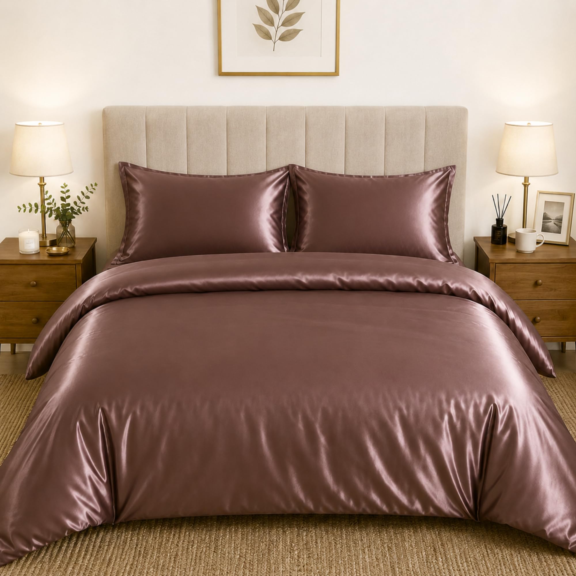 CHARKHAH Satin Silk 3 Piece Duvet Cover Set Silky Soft Wrinkle Free Solid Color Bedding Includes 1 x Duvet Cover with Zipper Closure and 2 x Pillowcases Weather (BLUSH PINK, KING)
