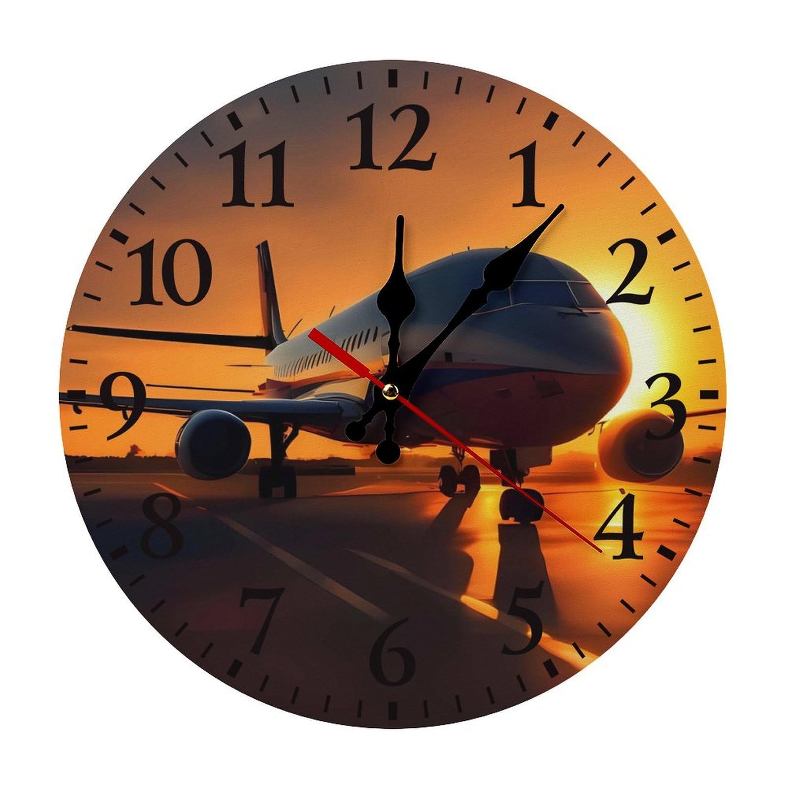 QMNLKH Airplane at Sunset Wall Clock for Home, Battery Operated Clock for Hotel, Round Wall Clock with Arabic Numerals Black, Easy to Read, Non-Ticking Clocks for Living Room 25 * 25cm