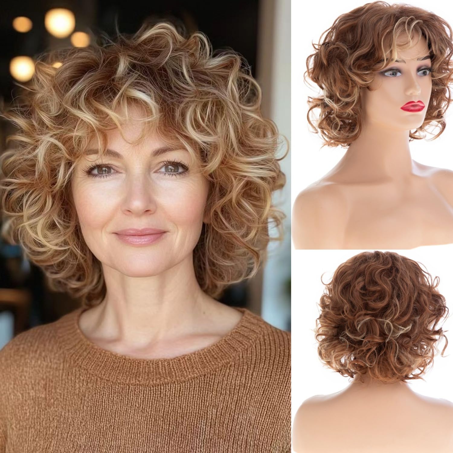 Amazon.com : Wiwige Short Curly Light Brown Wig with Bangs 
