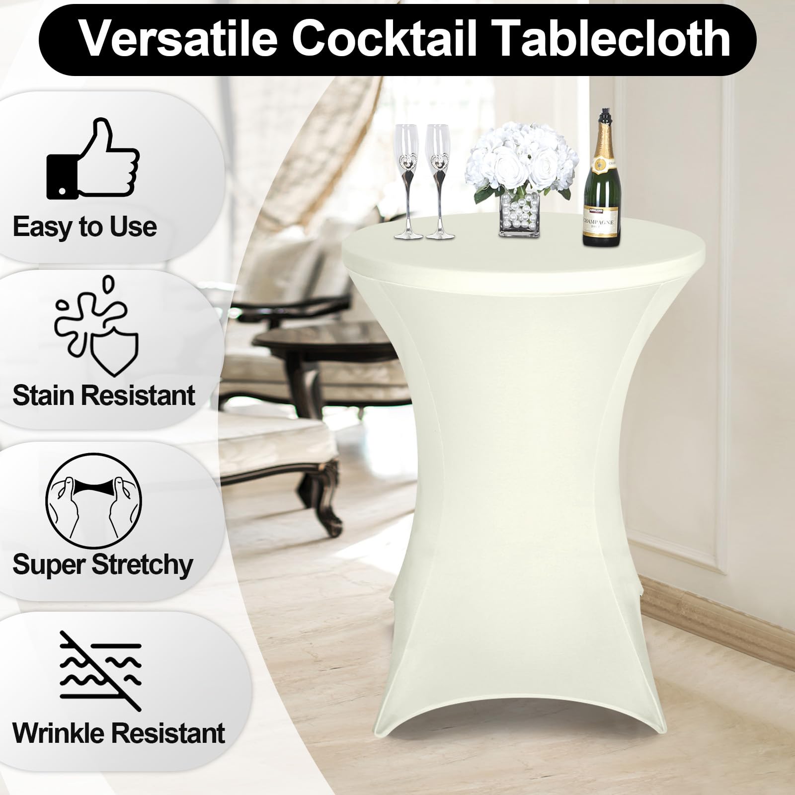 FestiCorp Paquete de 2 manteles de elastano color crema, manteles ajustados para cóctel, manteles redondos elásticos para fiestas, DJ, bar, boda, cumpleaños, banquetes, 30-32 pulgadas de diámetro x 40