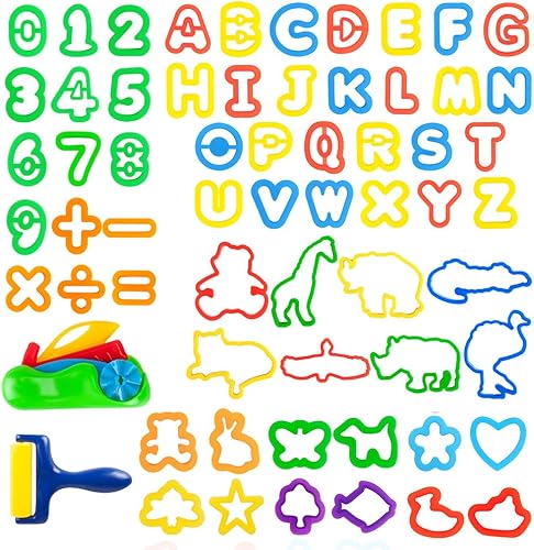 Juego de herramientas de masa para niños, moldes de letras numéricas, varios moldes de plástico para cortar masa creativa (63 piezas)