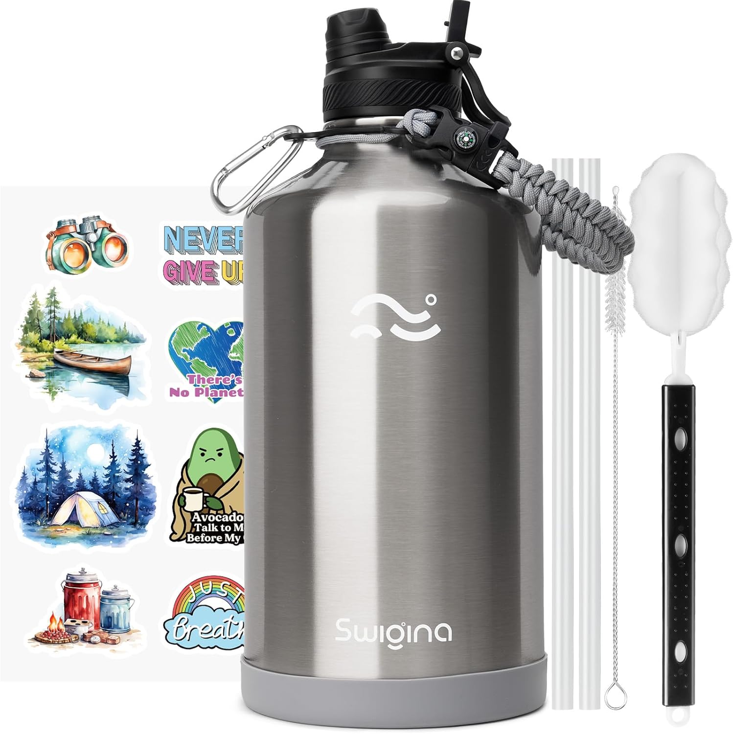 Swigina [2-IN-1 LID] Gallon Insulated Water Bottle with Silicone Boot (48hrs Cold/24hrs Hot) - DIY Stickers, Leakproof, BPA Free, 128 oz