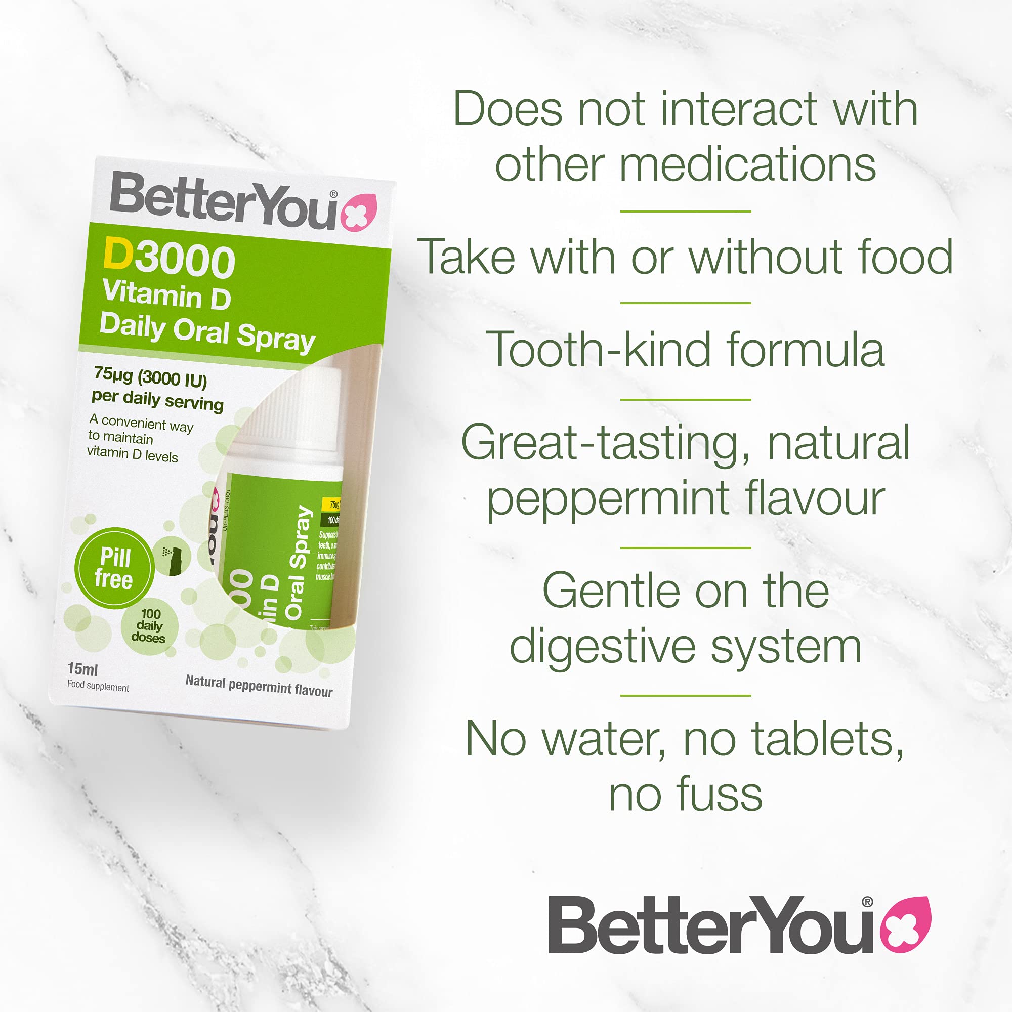 BetterYou D3000 Vitamin D Daily Oral Spray 3000 IU (75 UG) of Vitamin D3 (Cholecalciferol