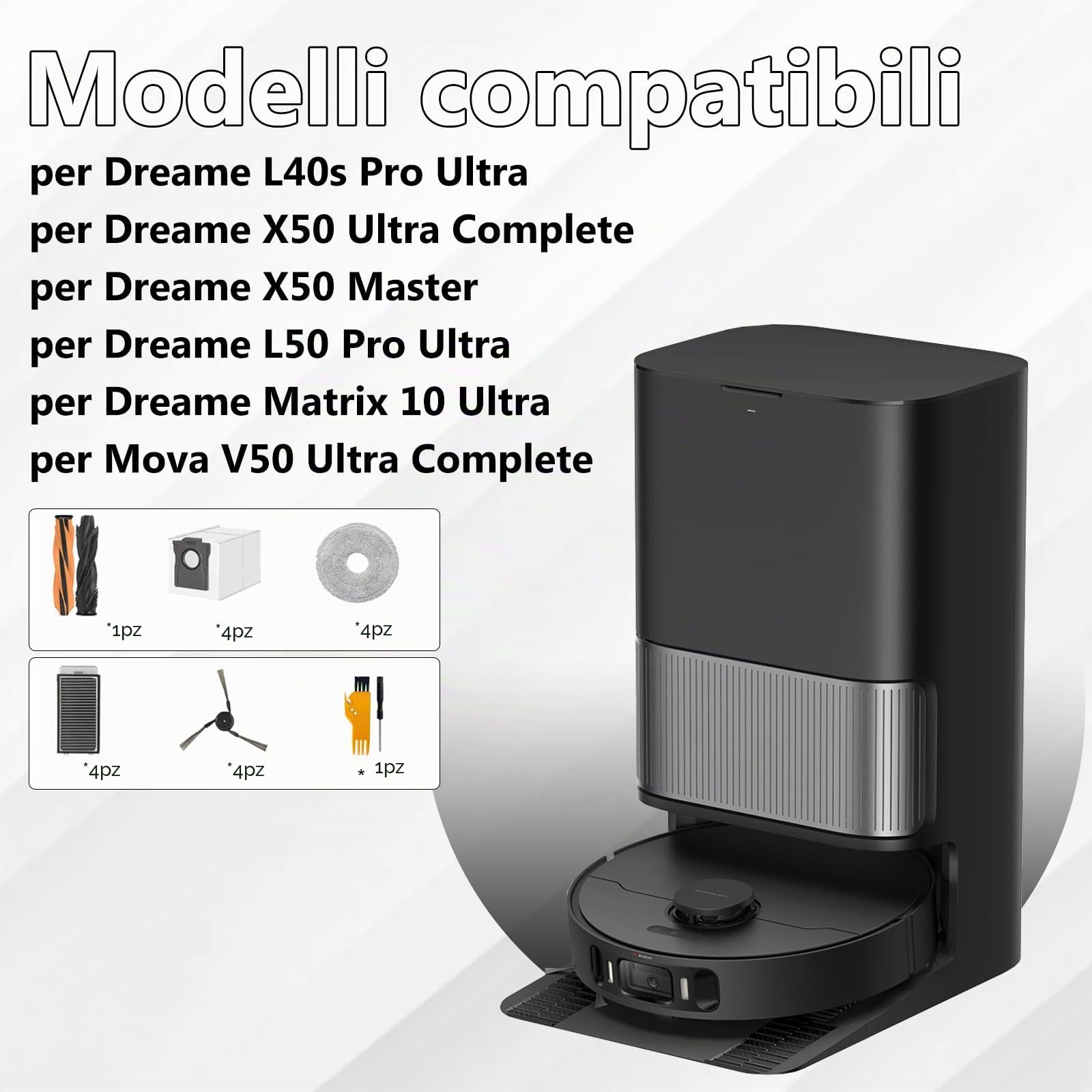 Accessori per Aspirapolvere per Dreame L40s Pro Ultra/ L50 Pro Ultra/Matrix 10 Ultra, 1 Spazzola Principale, 4 Salviette, 4 Filtri, 4 Spazzole Laterali, 4 Sacchetto di Polvere, per V50 Ultra Complete