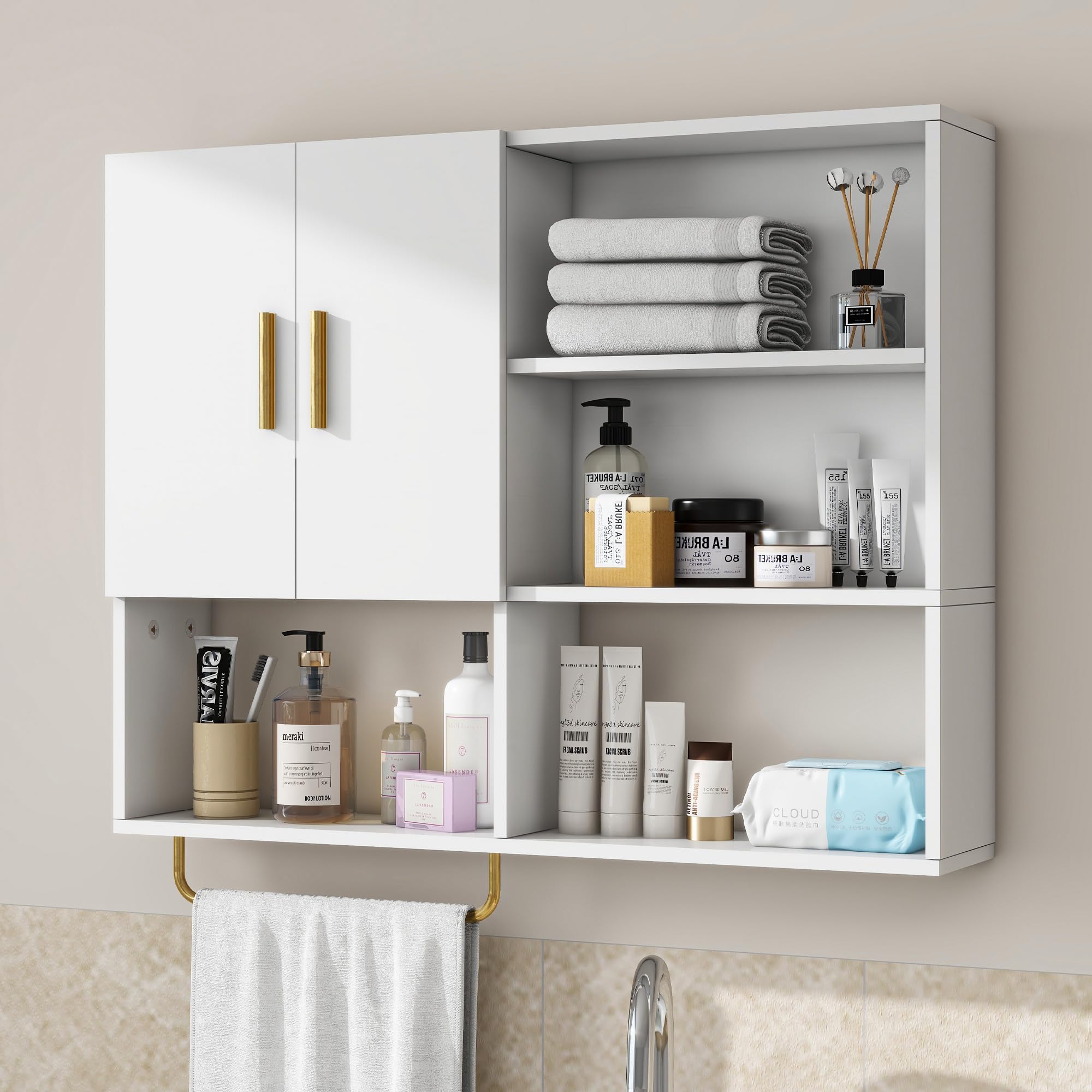 Tltaroni Bathroom Wall Cabinet Wood Large Wall Mounted Medicine Cabinet with 2 Doors and 4 Open Shelves Over Toilet Storage Cabinet Organizer with