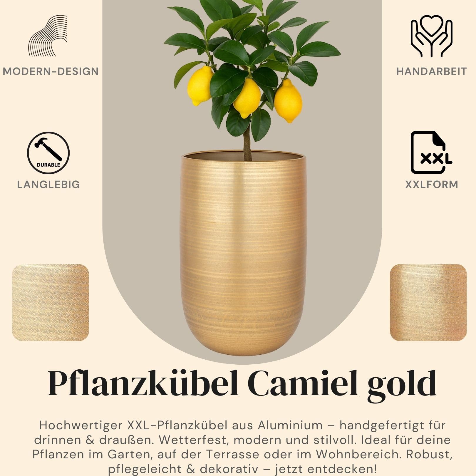 Moderner Blumentopf Camiel Gold handgefertigt aus Aluminium 65 cm