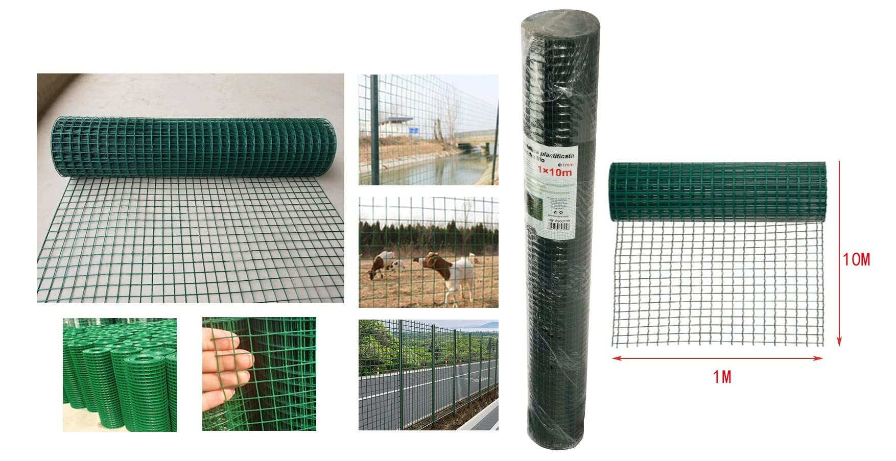 Rete Metallica per Recinzioni Giardino (1 x 10 metri), Rete Metallica Plastificata per Recinzione Pollame, Animali e Piante, Colore Verde