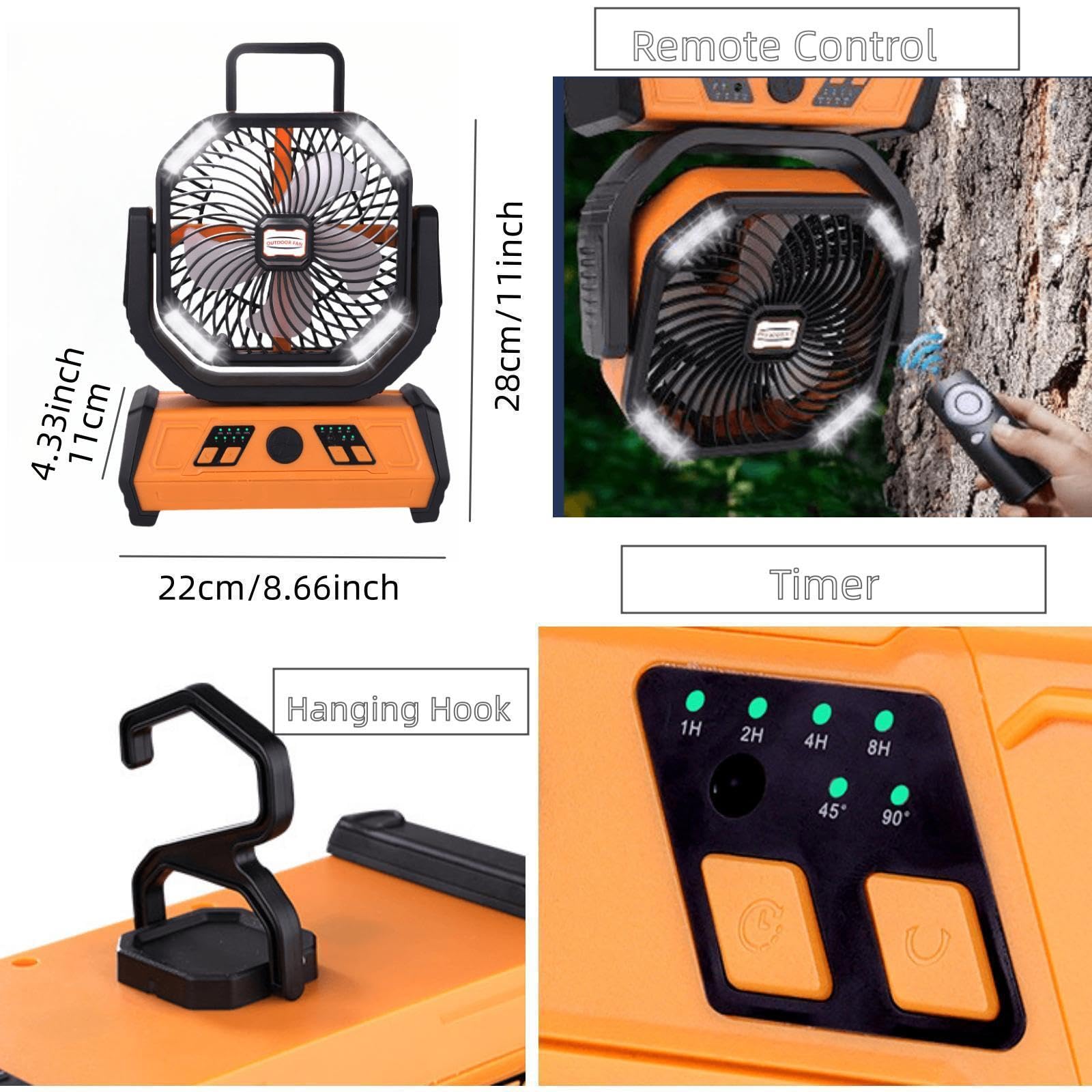 Ventilatore da campeggio ricaricabile con lanterna a LED e telecomando, alimentato a batteria da 20000 mAh, gancio per tende, 4 velocità, timer, ventilatore (green)
