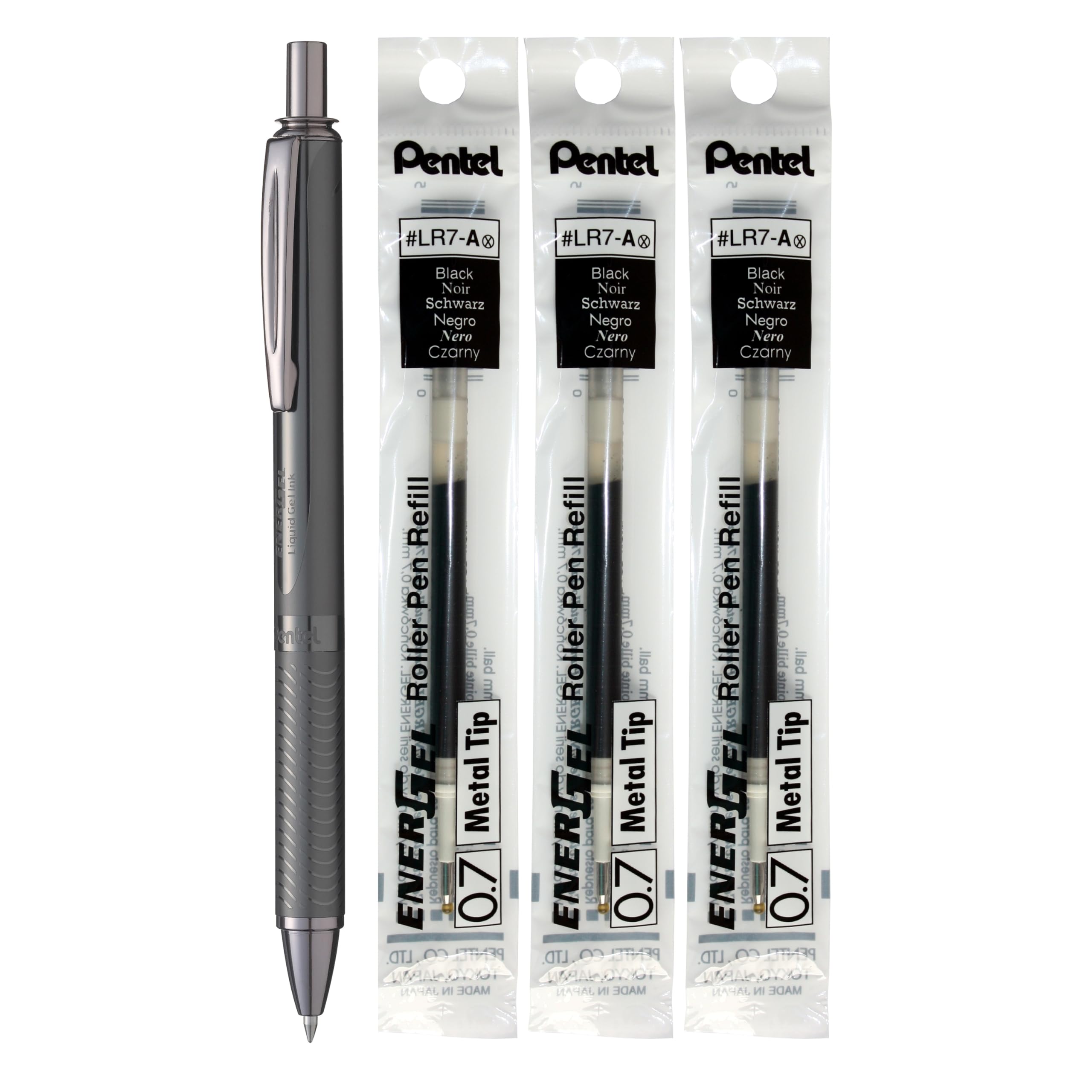 Pentel EnerGel Alloy, Brown Barrel, 0.7mm Medium Point, Black Ink, 1 Pen + 3 Refills