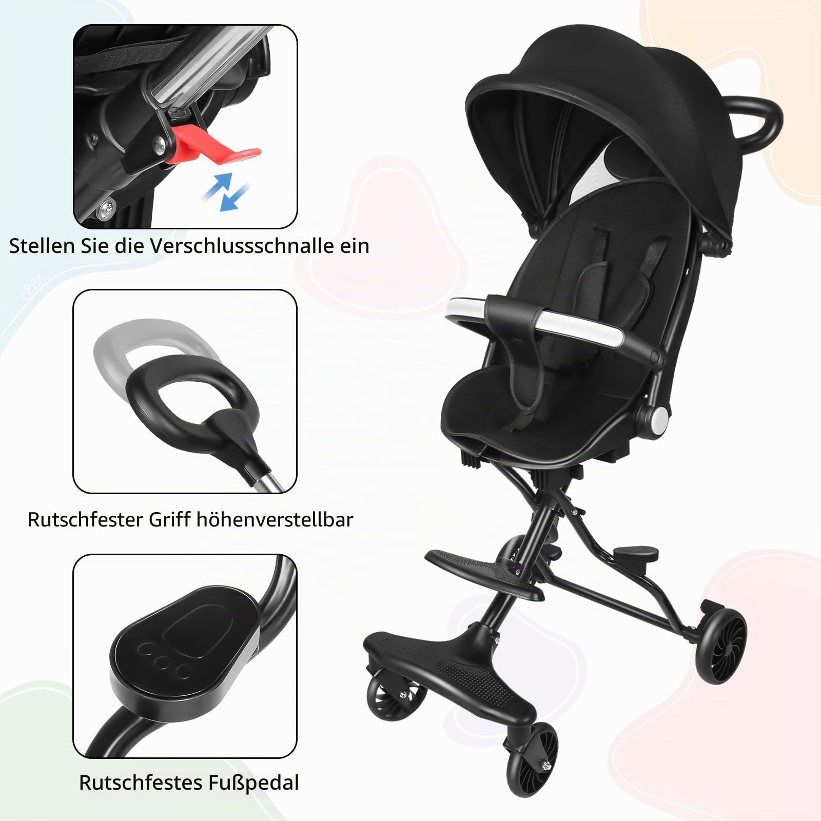 Kinderwagen, ultraleicht, Buggy, 6 Monate bis 4 Jahre, Reisekinderwagen, tragbar und leicht, höhenverstellbar, 3-Punkt-Gurt, verstellbares Dach (schwarz)