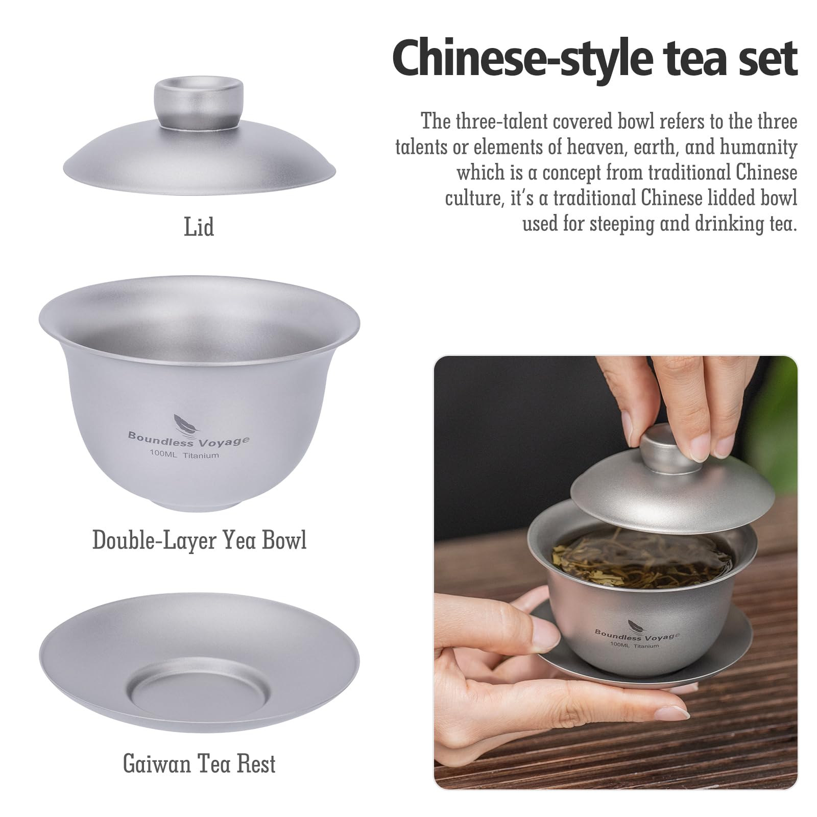 Boundless Voyage Titan Doppelwandige Teetasse Chinesische Traditionelle Teeschale Kung Fu Gaiwan Anti-Schuppen Tee Set Ti3143D