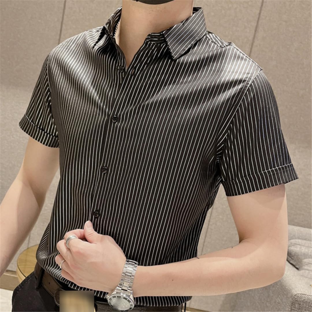 Yeuyyben Camicie A Righe A Contrasto per Uomo 2023 Camicia Slim A Maniche Corte Estiva Camicie Eleganti da Lavoro Camicetta da Smoking