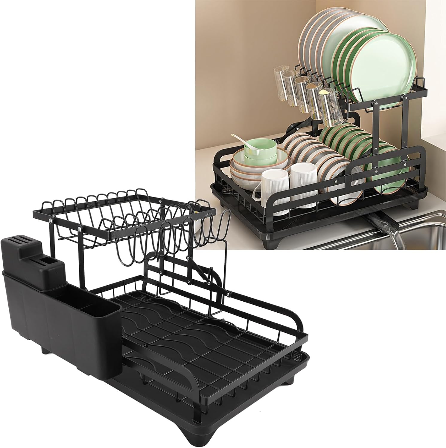 Double Tier Dish Drying Rack, Foldable Storage Rack for Kitchen Countertop, Drainer Shelf, Ventilated Design, Multipurpose Organizer with Iron Material (Black)