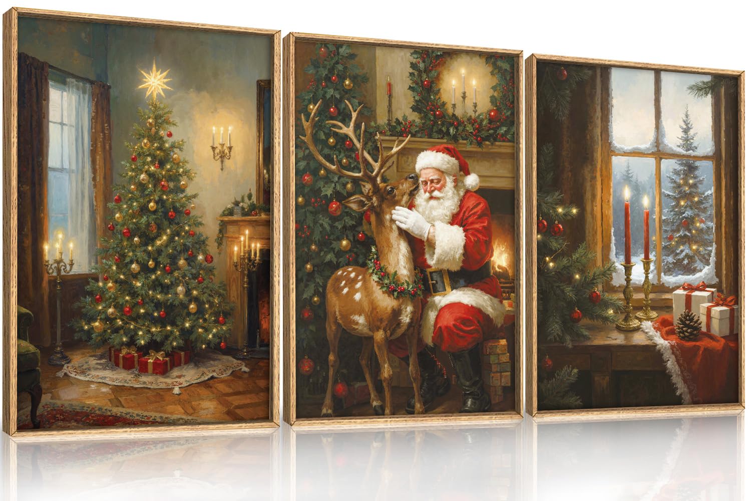 Ausril Vintage Christmas Wall Art Set of 3, Santa Reindeer Snowy Painting, Lit Tree Candle Window Artwork for Living Room, Bedroom, Fireplace, Xmas Gifts for Home Decoration 16×24 inch