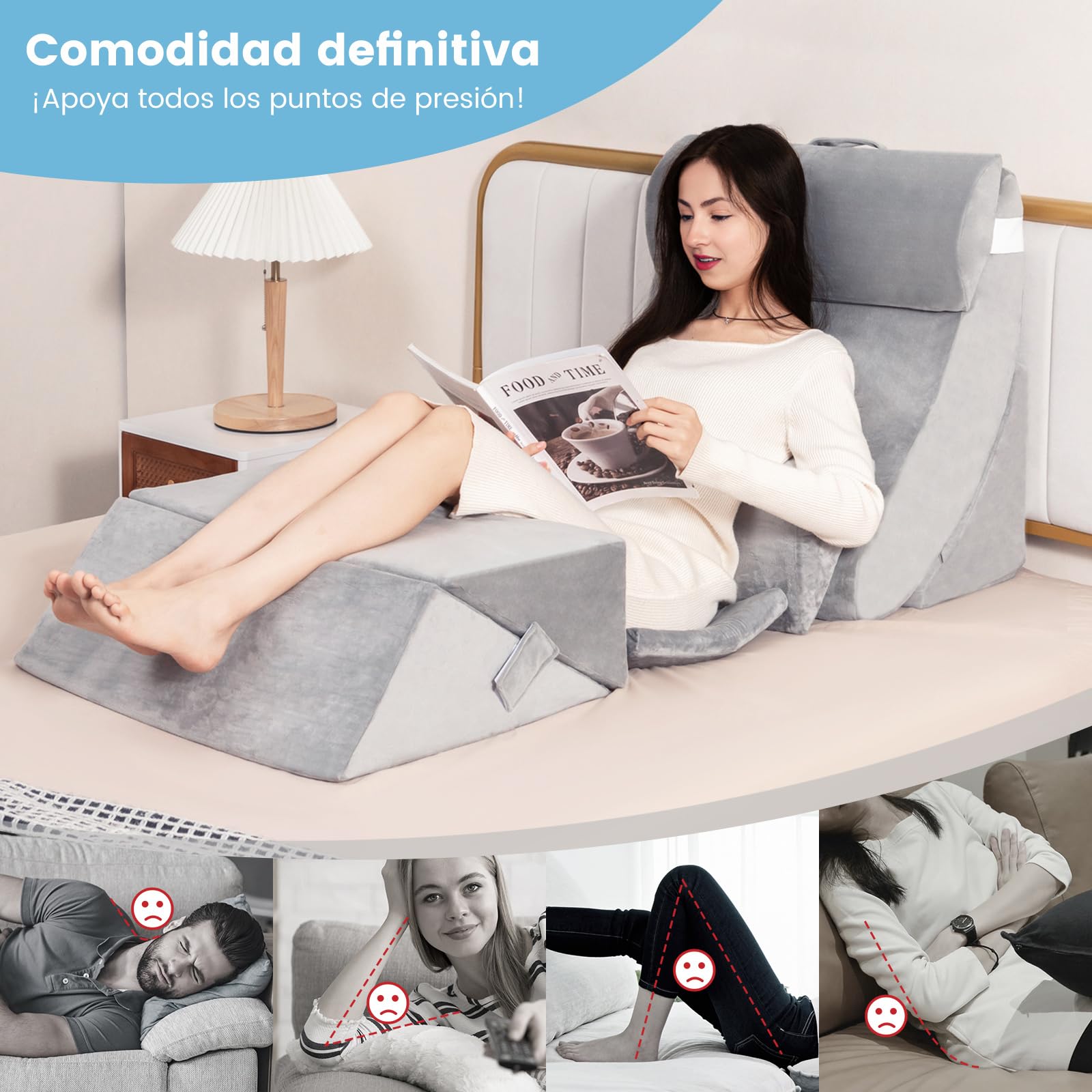 COSTWAY 7 Piezas Respaldo Cama, Almohadas de Cuña Ajustables de Espuma Viscoelástica para Cuello, Lumbar, Piernas, Almohada Lectura Cama, Cojín de Lectura