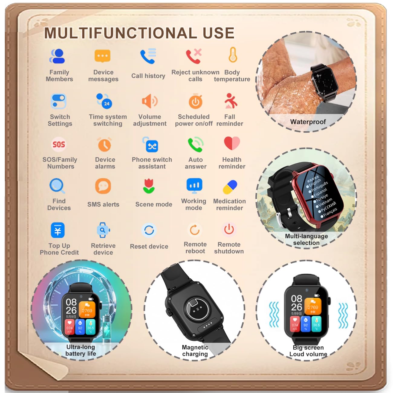 Pulsera Llamada Emergencia Para Personas Mayores, Reloj Inteligente Con Múltiples Idiomas Y Alerta SOS, Videollamadas HD, Relojes Para Personas Mayores/padres MayoresBlack,1.95*1.57*0.47 inch
