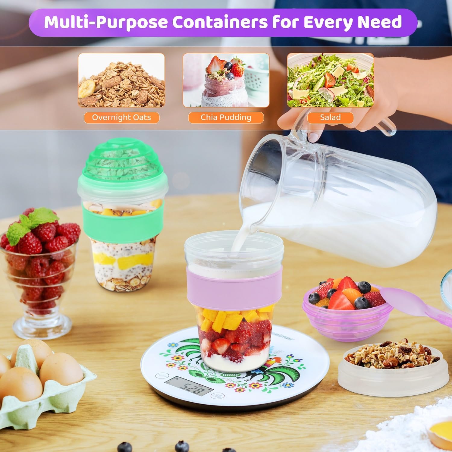 Yogurt Parfait Cups with Lids Reusable - 4 Pack 20 oz Overnight Oats Containers with Lids Folding Spoons Granola Topper, Cereal Salad Jars for Oatmeal Chia Pudding Meal Prep - Image 2