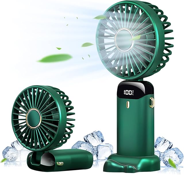 Portable Fan, Handheld Fan Personal Fan 5000mAh Rechargeable with 5 Speeds, Mini Quiet Fan with LED Display, 11-21Hs Desk Fan Working Time for Office Outdoor Travel Camping-Green