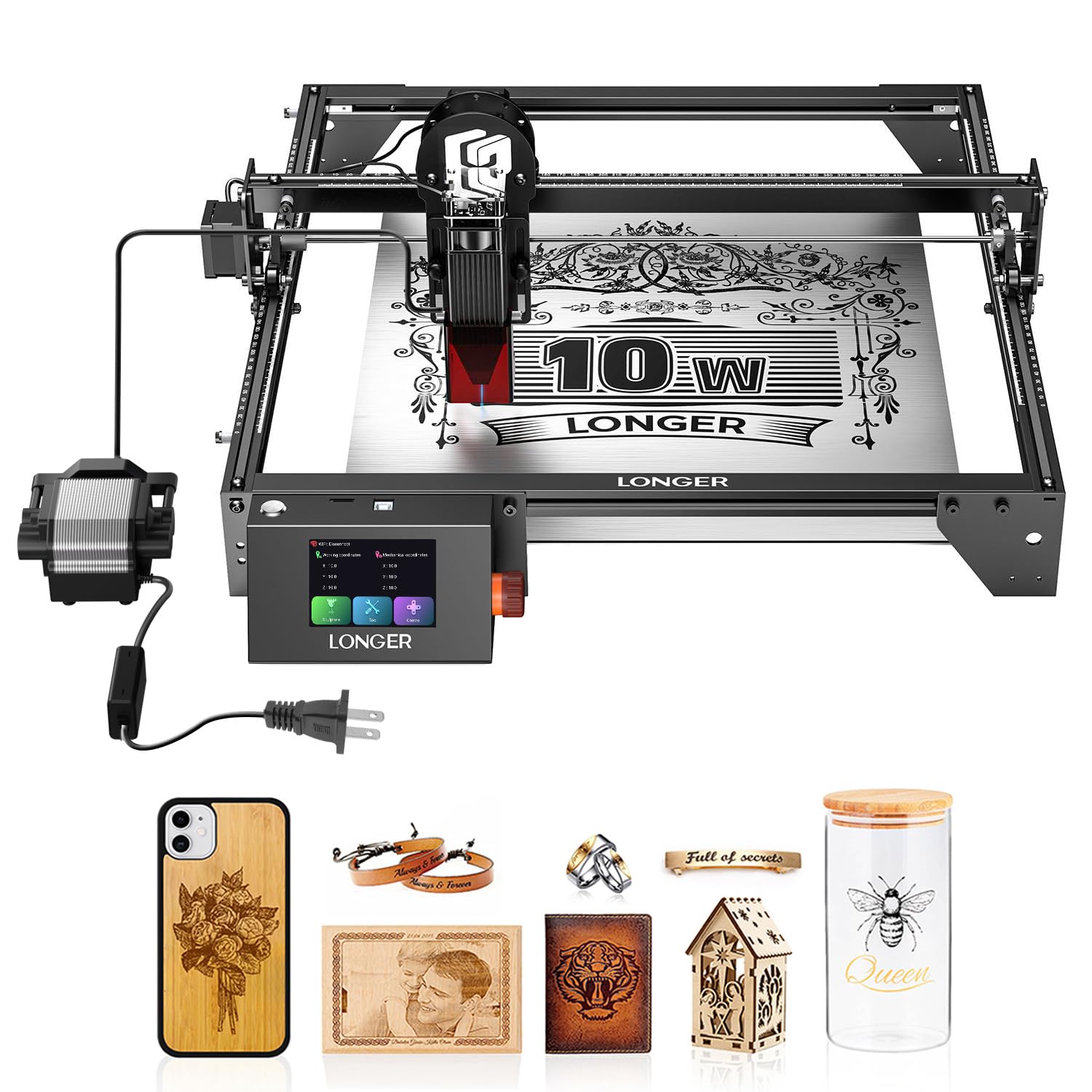 Longer RAY5 10000mW Laser Engraver with Air Pump, 3.5” Color Touch Screen, App Offline Co…