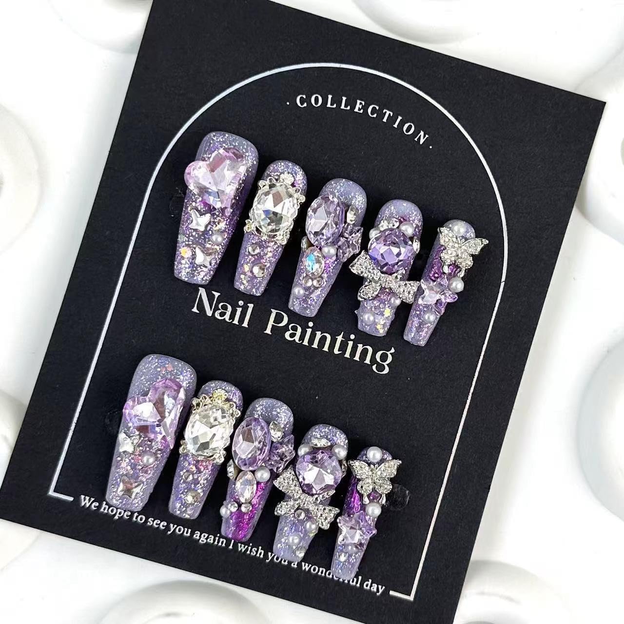 100% Handmade Press on Nails Diamond Long Coffin Fake Nails Purple Glitter False Nails with Rhinestone Design Silver Butterfly Nail Charms Glue on Nails Handmade Nail Press ons for Women Size L
