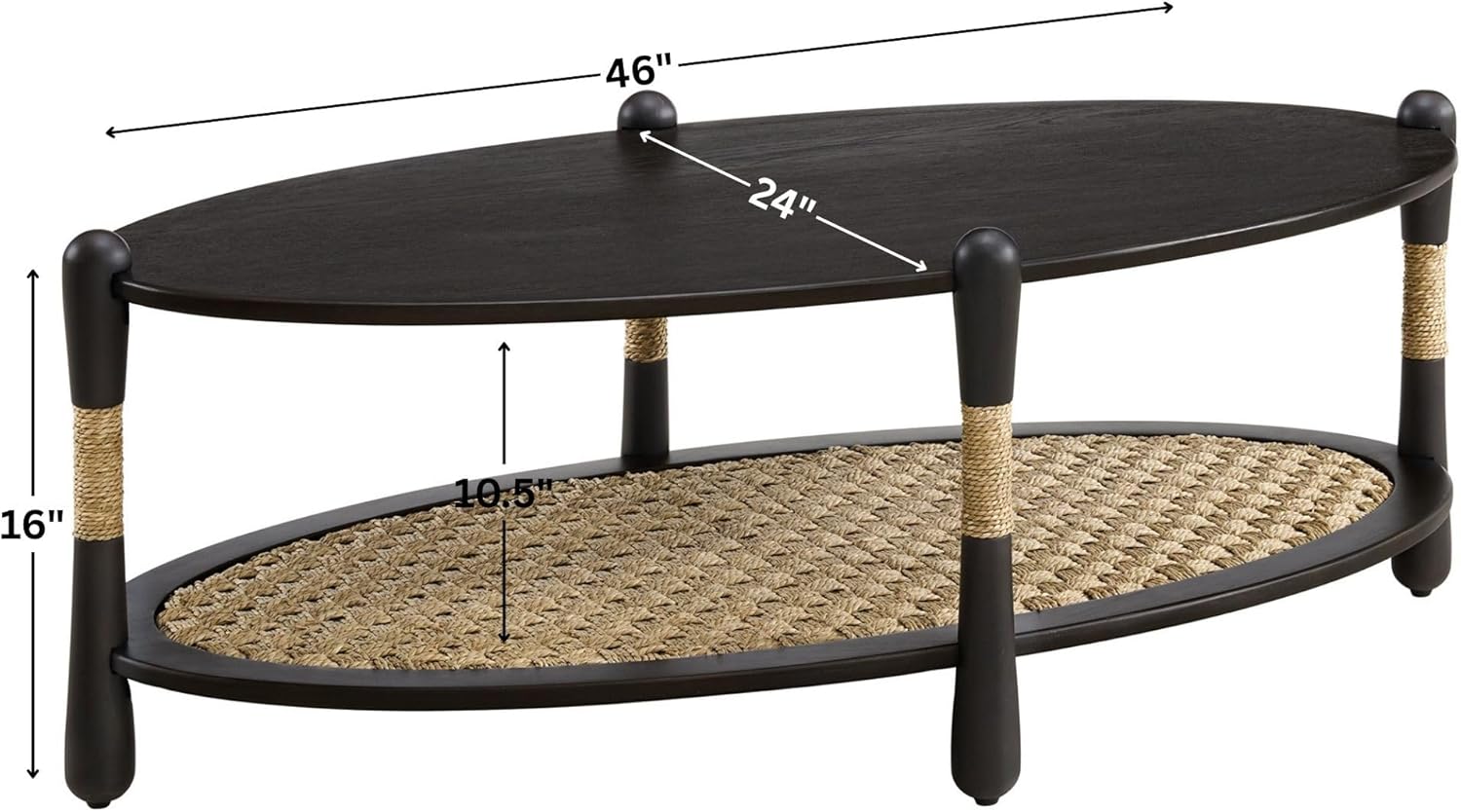 Harbor Oak 46" Oval Oak Wood Coffee Table with Seagrass Accents and Shelf Storage | Coastal Boho Cocktail Table. Black Smoked Oak Finish.
