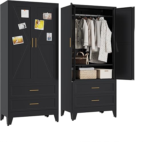 Miniatura 13 de Armario de metal Guardarropa Closet con Barra para Colgar, 71'' Gabinete Guardarropa de Metal con 2 Puertas y 2 Estantes Ajustables, Armarios de