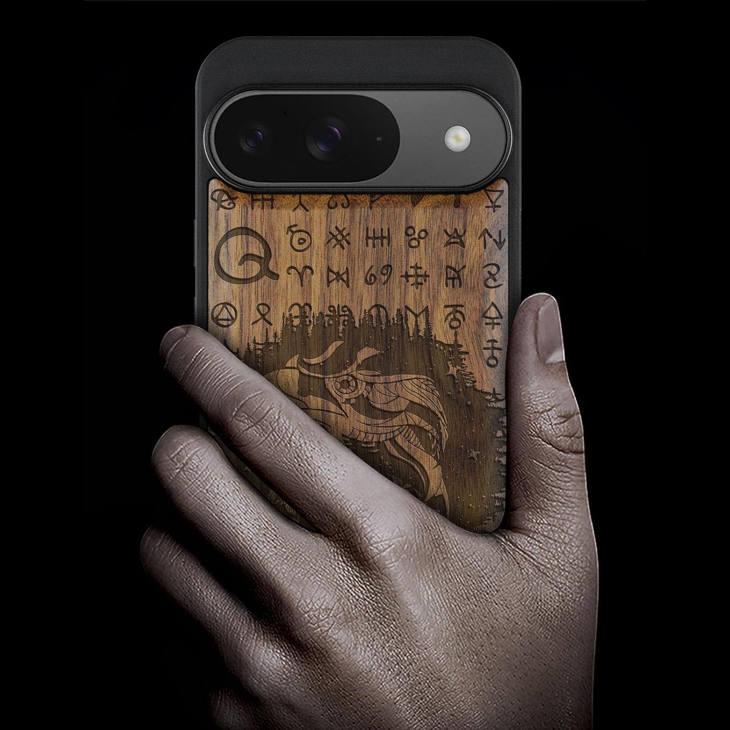 Carveit Magnetic Wooden Case for Google Pixel 9 Case, Wood Artisan Engraved & Soft TPU Shockproof Cover, Compatible with MagSafe Wireless Chargers (Night Falcon) Walnut