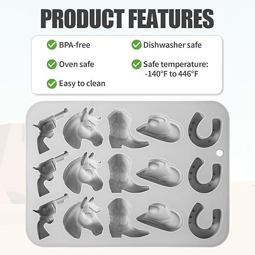 Miniatura 3 de 2 moldes de chocolate de vaquero, moldes de silicona con temática de fiesta occidental, incluyen sombreros de vaquero, botas de vaquero y formas de