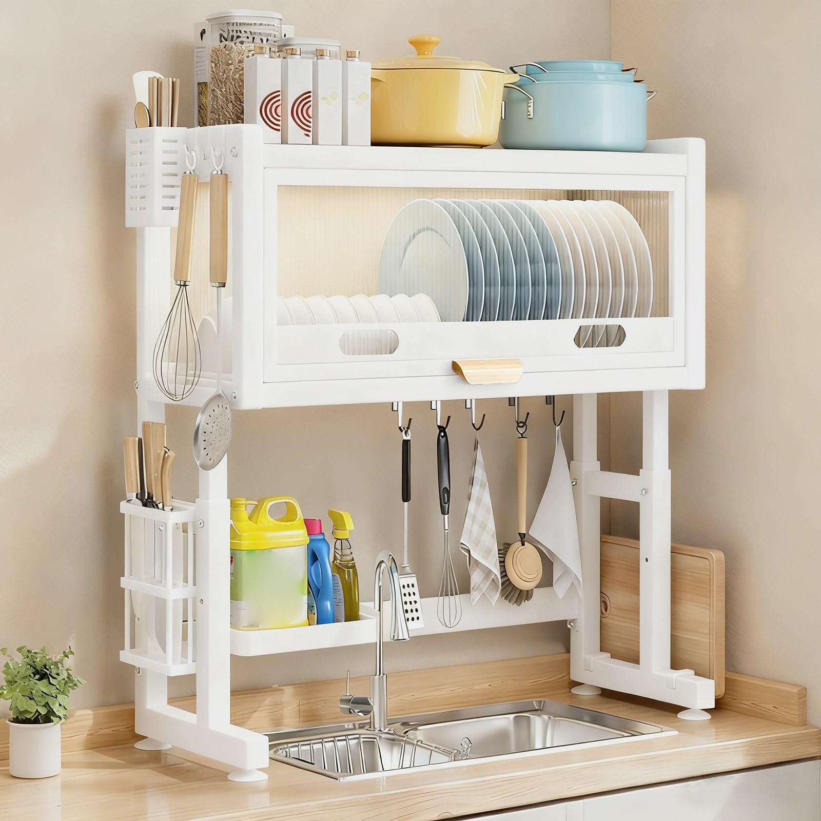 CAFIEDR Over The Sink Dish Drying Rack, Large Kitchen Drainer With Lid, Space-Saving Countertop Organizer For Glasses, Bowls, Cutlery - Easy To Clean.White-85cm/33.5in