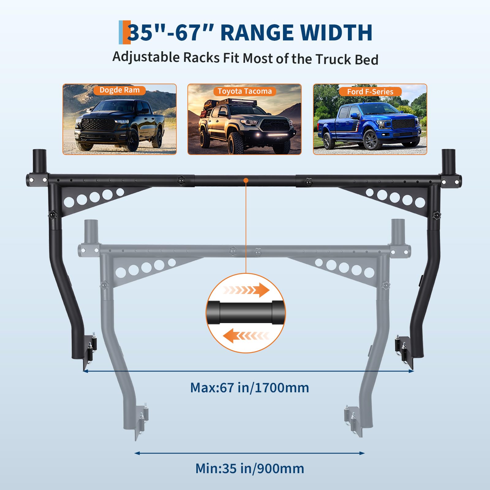Universeller, ausziehbarer LKW-Leiterträger, 132–208 cm verstellbar, LKW-Träger Truck Rack,454kg Tragkraft,bohrfreier,robuster Pickup-Träger für Kajaks, Holz, Leitern, Surfbretter und Dachgepäck